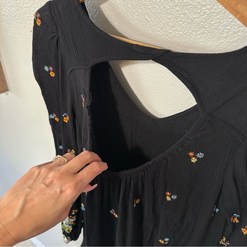 Free People Oxford Black Embroidered Balloon Sleeve Boho Mini Dress Tunic, M - Picture 11 of 14